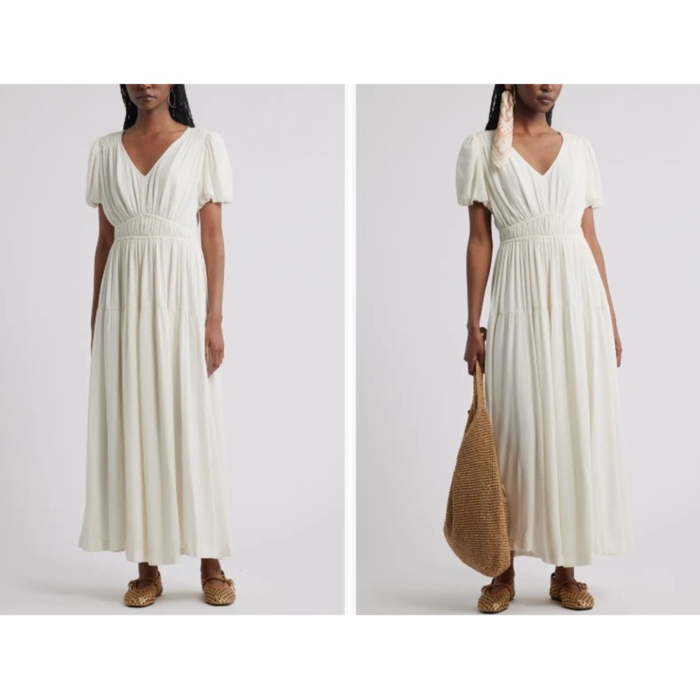 Treasure & Bond Shirred Puff Sleeve Maxi Dress Ivory Egret Small
